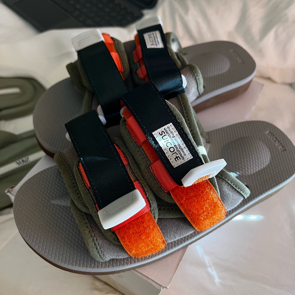 Suicoke Olive and Orange Sandals